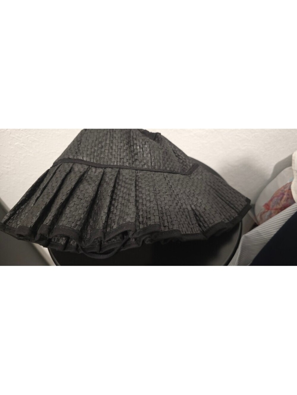 Small Black Woven Straw Bonnet with Wide Pleated Brim and Adjustable Chin Tie